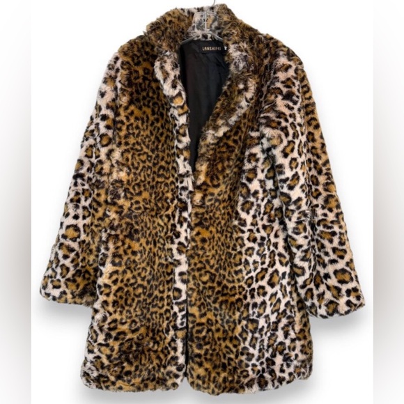 Lanshifei Womens Faux Fur Leopard Print Midi Coat Size Large Mob Wives - Picture 2 of 13